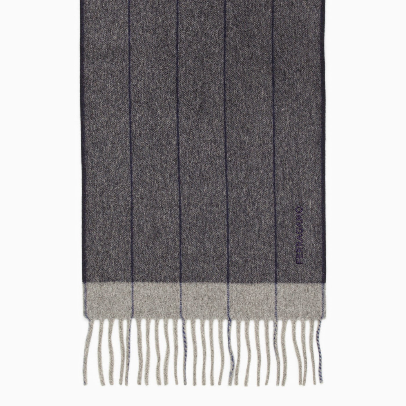 Ferragamo Blue/Grey Wool Scarf With Fringes