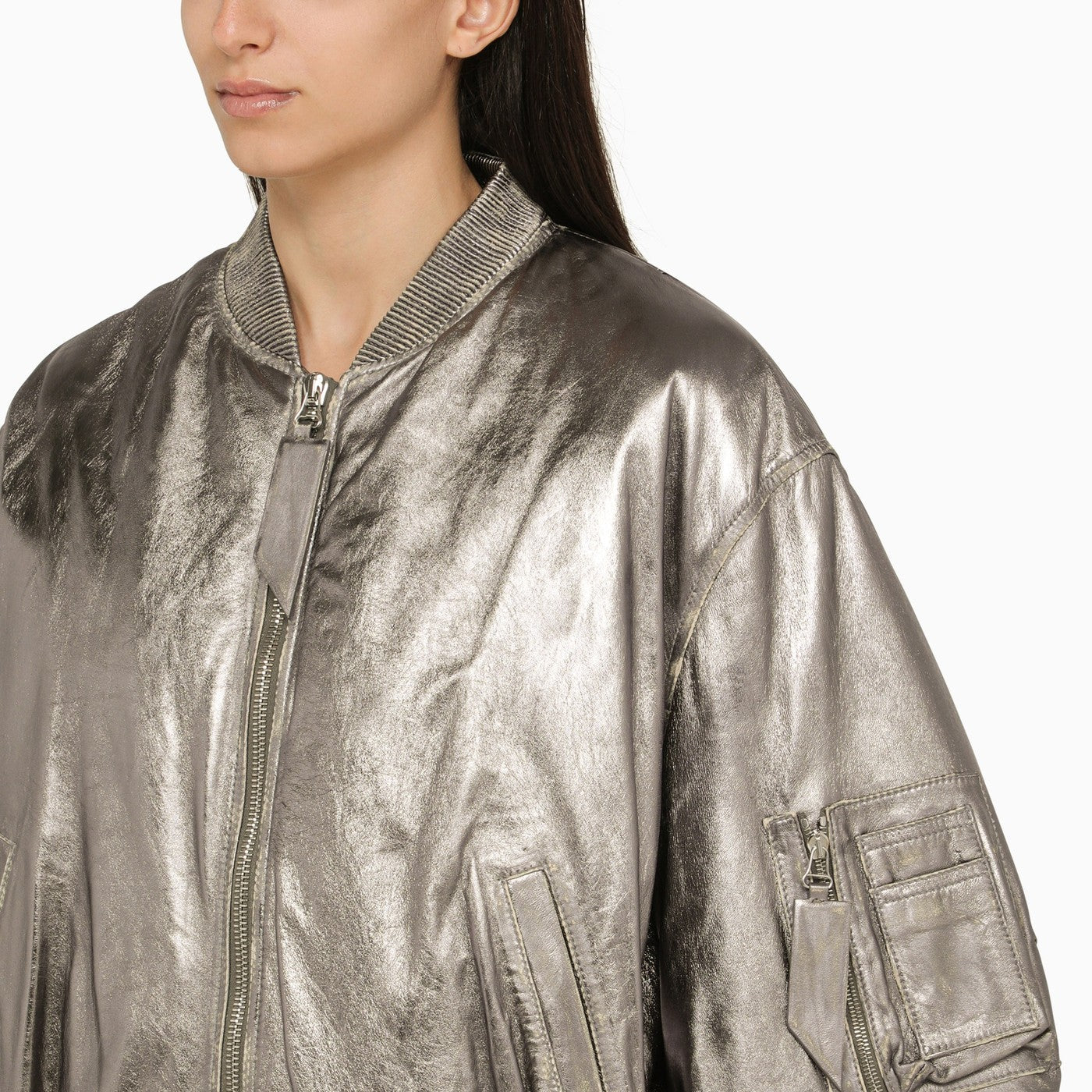 The Attico Anya Silver Leather Bomber Jacket