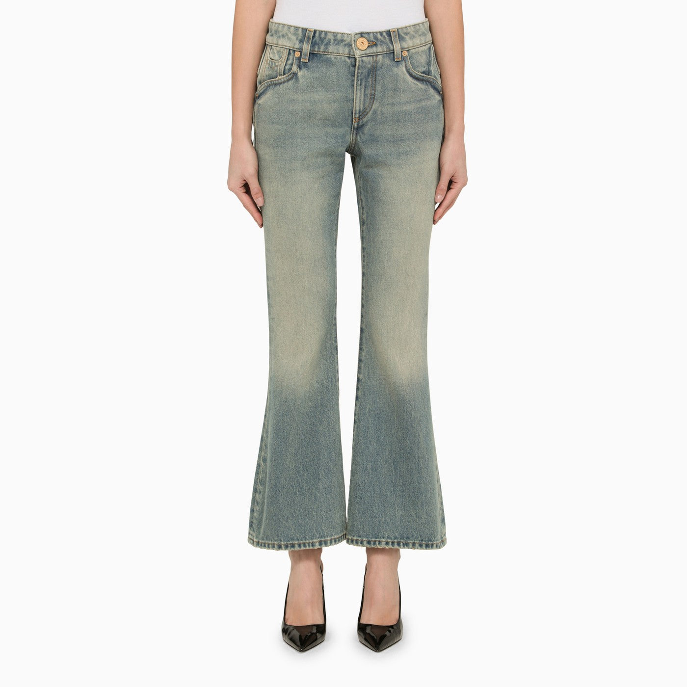 Balmain Washed Effect Cropped Denim Jeans