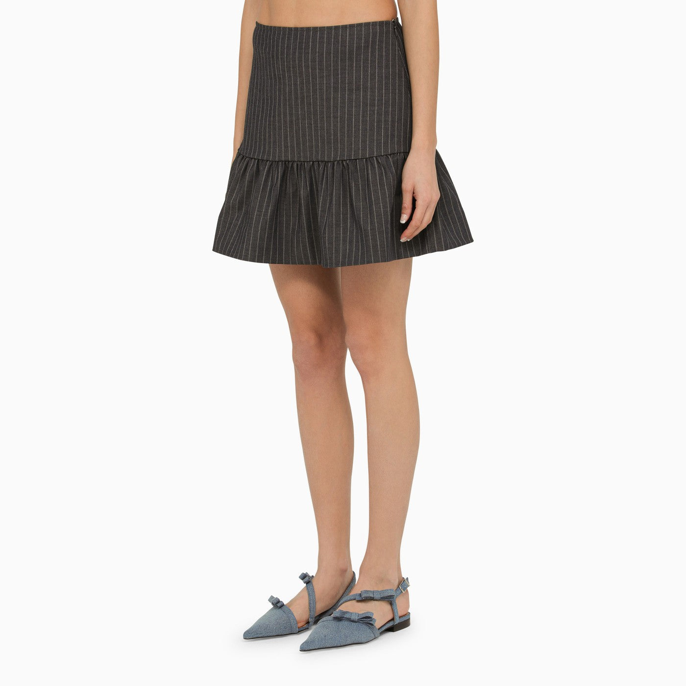 Ganni Grey Pinstripe Mini Skirt With Ruffles