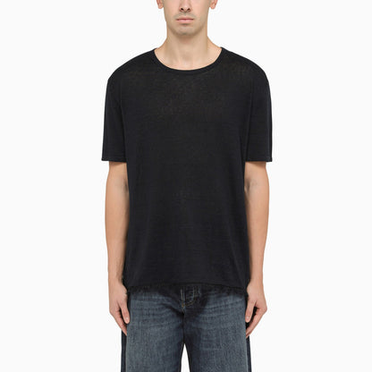 Alanui Dark Blue Linen Crew Neck T Shirt With Details