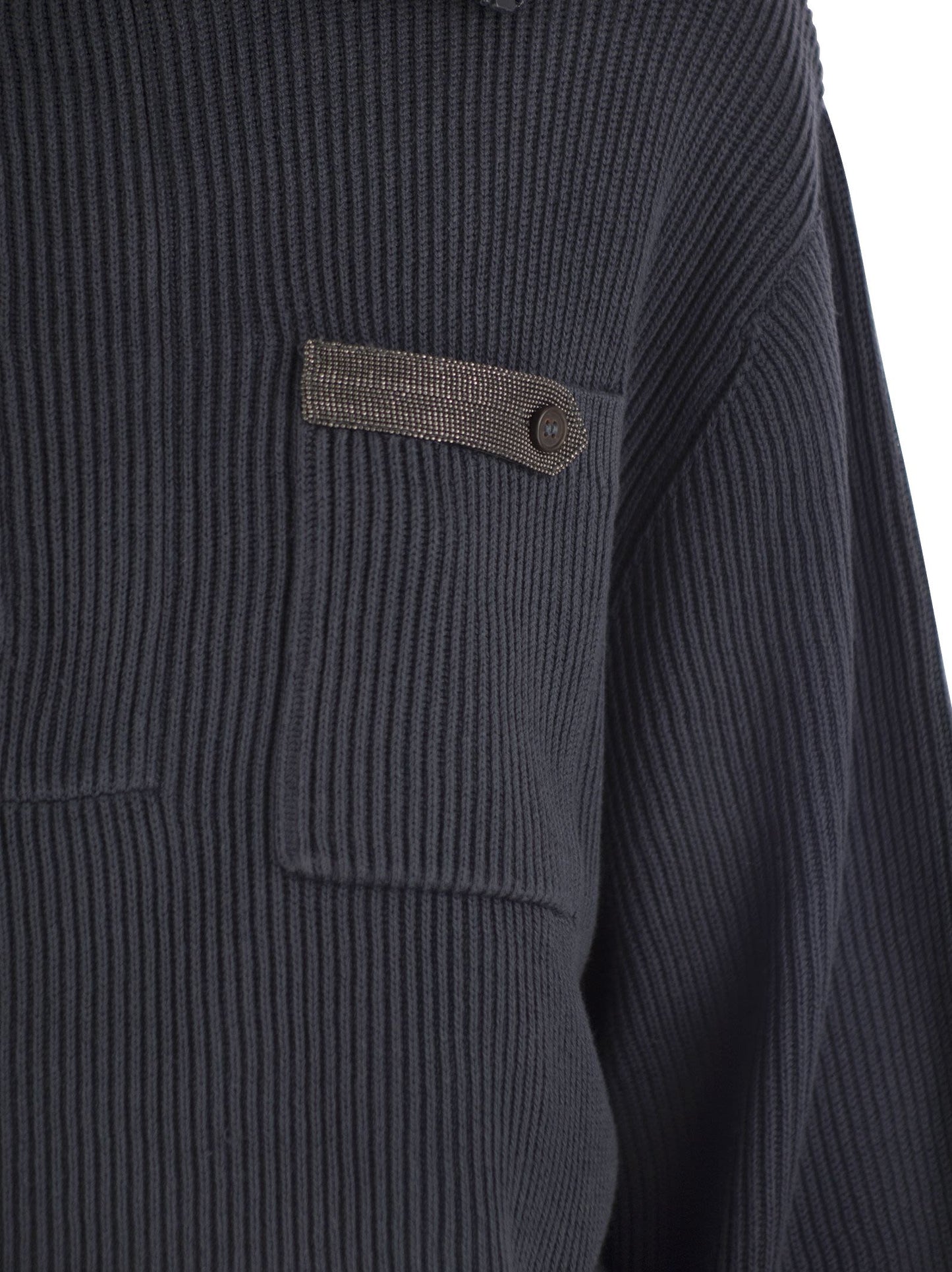 Brunello Cucinelli Cotton Rib Sweater With Precious Button Tab